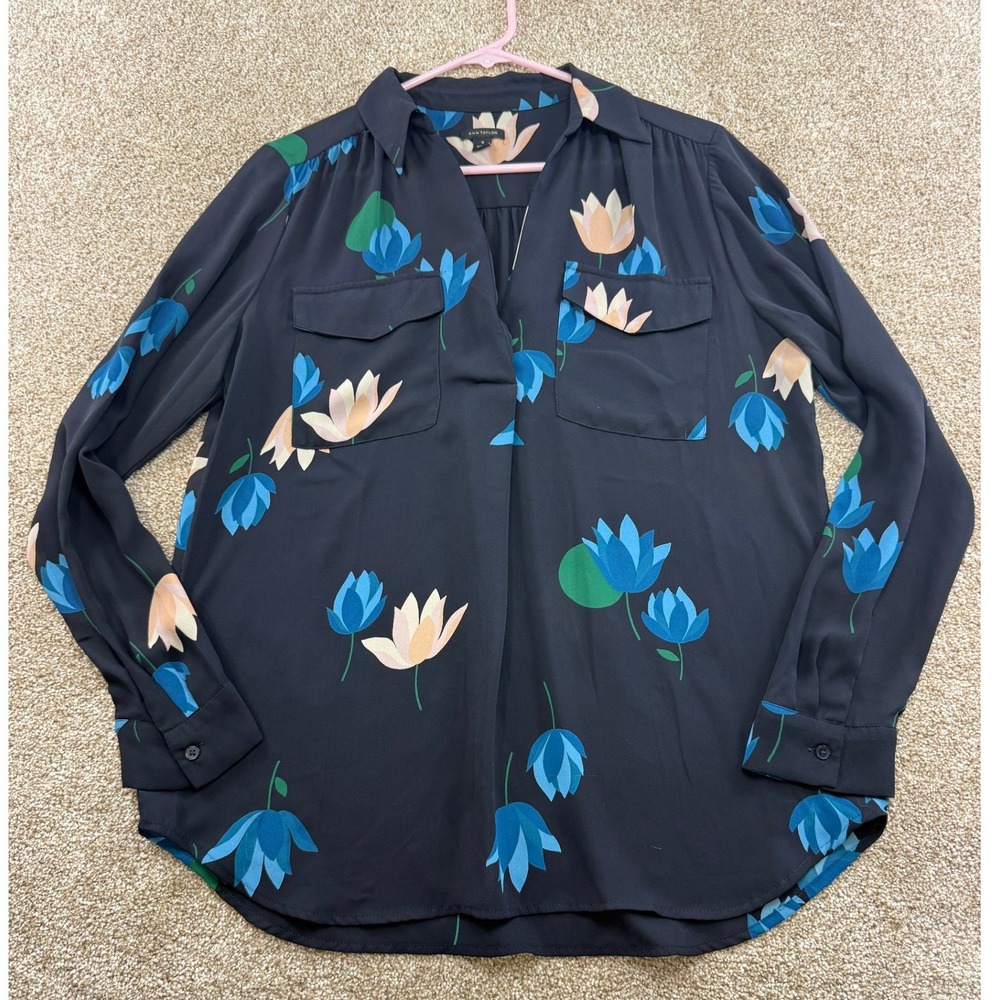 Ann Taylor Womens Navy Blue Lotus‎ Floral V-Neck Long Sleeve Blouse M Top Office